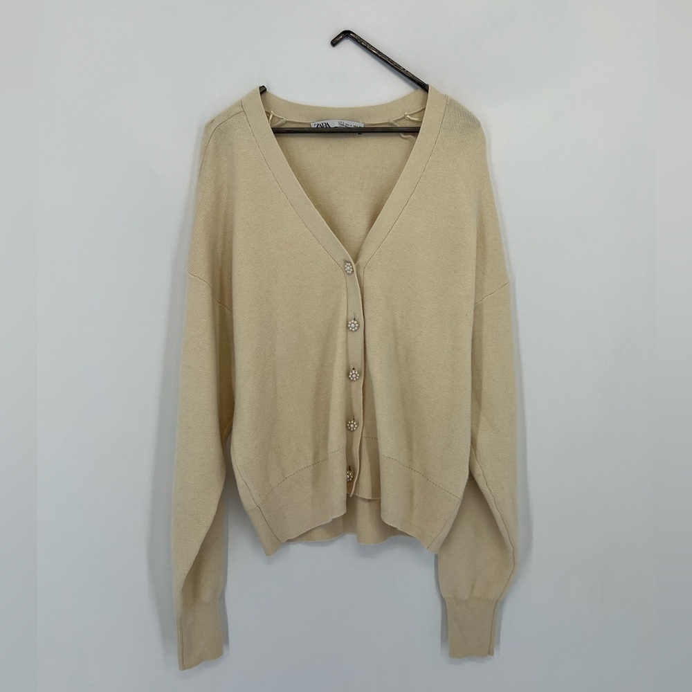 Zara Pearl Floral Button Detail Cardigan Sweater In Beige
